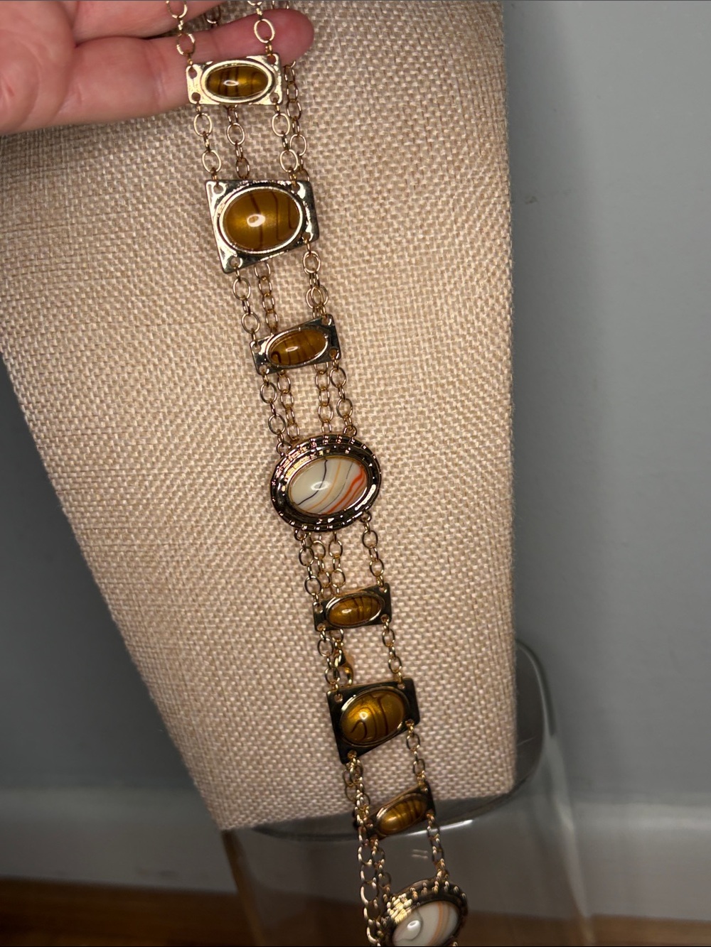 Princess Polly Gold-Tone Link Belt with Brown and Cream Cabochons